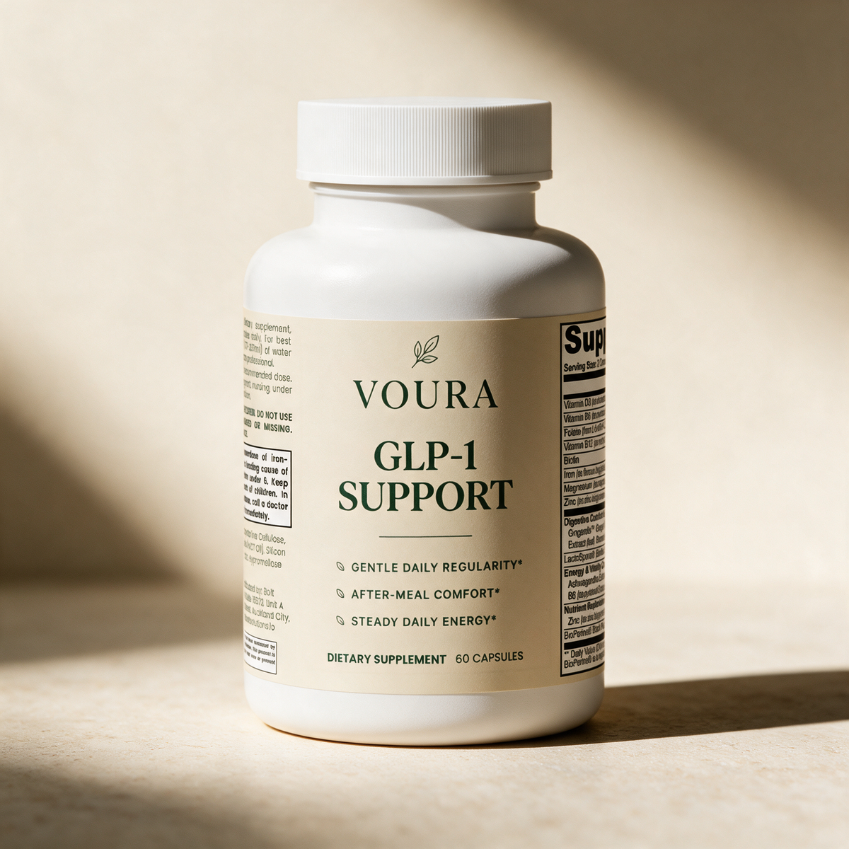 Voura GLP-1 Daily Support bottle, 60 capsules, in warm daylight